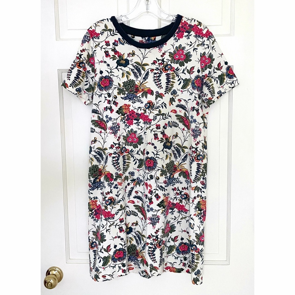 Tory Burch Gabriella Floral Print T Shirt Tee Dress Jacobean Ivory Pima Cotton M